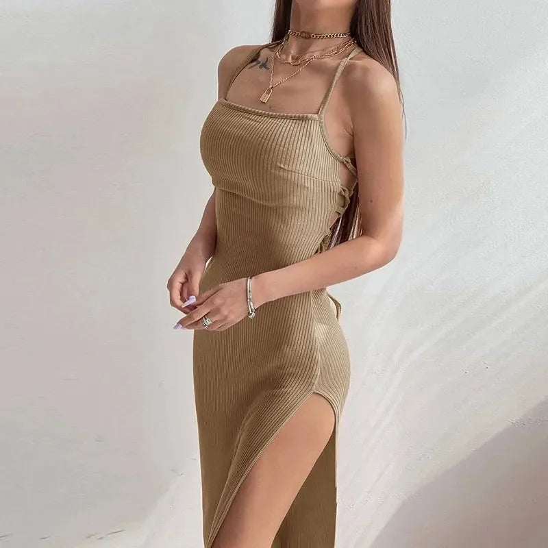 Sexy Black Long Bodycon Dress Women Summer Sleeveless Blackless Halter Neck Spaghetti Strap Dresses High Split Vestidos - Empire P.E