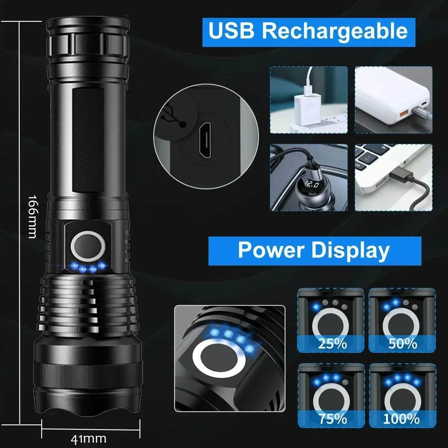 Aluminum Alloy Glare Flashlight 26650/18650 USB Charging - Empire P.E