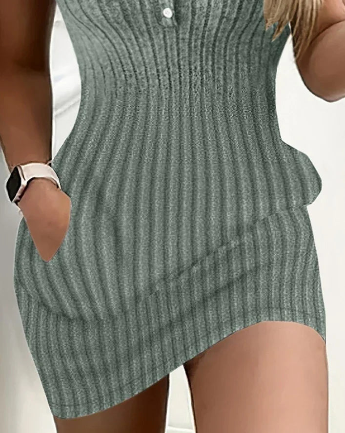 Solid color ribbed pocket design tight fitting dress - Empire P.E