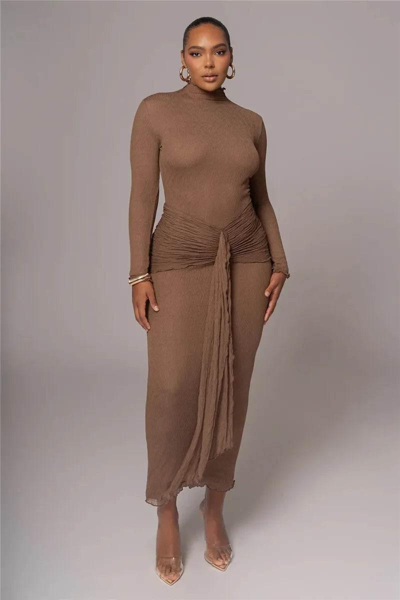 Mozision Elegant Long Sleeve Sexy Maxi Dress For Women Gown Fashion Drape Turtleneck Ruched Bodycon Club Party Long Dress - Empire P.E