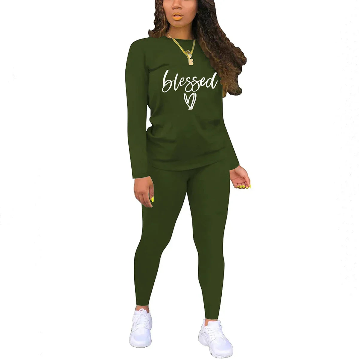 Women's long sleeved round neck blessing printed T-shirt and tight pants - Empire P.E