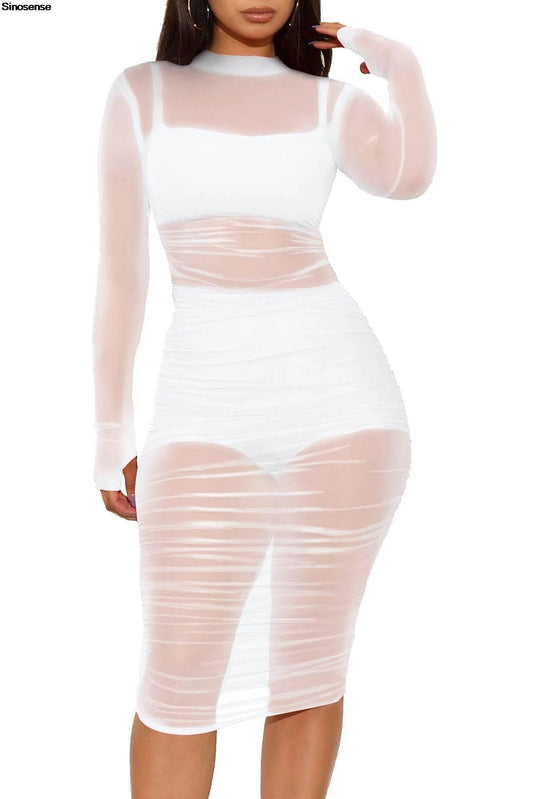 Women Mesh See Through 3 Piece Set Bodycon Ruched Cover Up Midi Dress+Camis+Shorts 3 Pieces Suits Sexy Night Club Party Outfits - Empire P.E