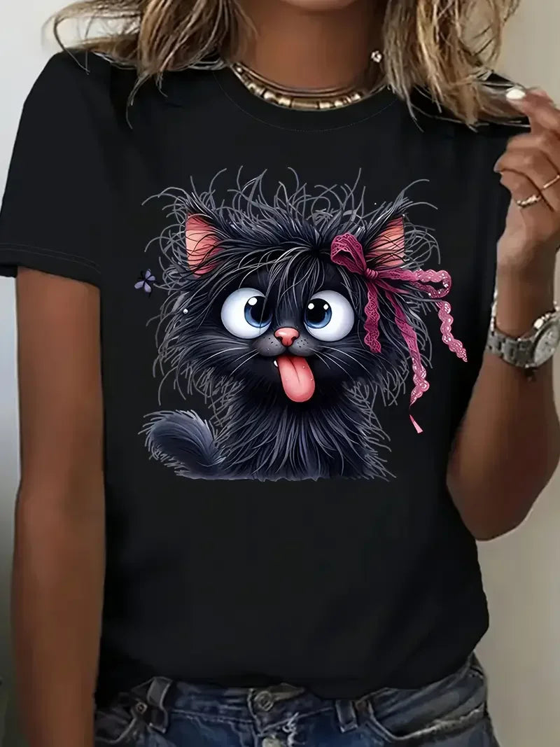 Women's Funny Fried Cat Cartoon T-Shirt