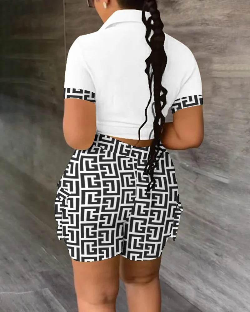 Pant Sets Women Printed Short Sleeved Shirt, 2-piece Suit With Pockets, Shoelace Top, Shorts, Thin Handbag, Summer - Empire P.E
