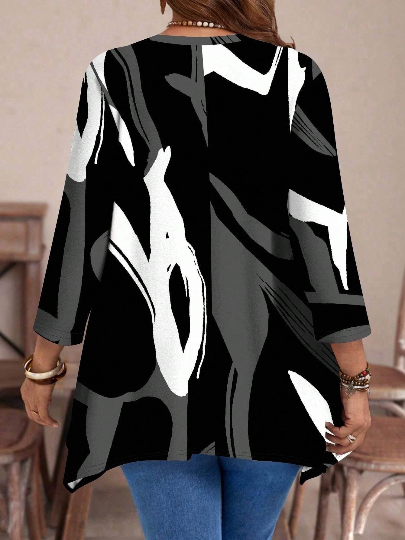 Plus Size Long Sleeve Abstract Print Tunic Top for Women with Asymmetrical Hemline - Empire P.E