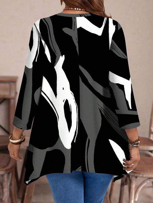 Plus Size Long Sleeve Abstract Print Tunic Top for Women with Asymmetrical Hemline - Empire P.E