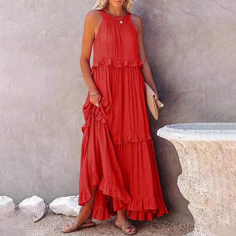 Women Casual Solid Ruffles Long Dress - Empire P.E