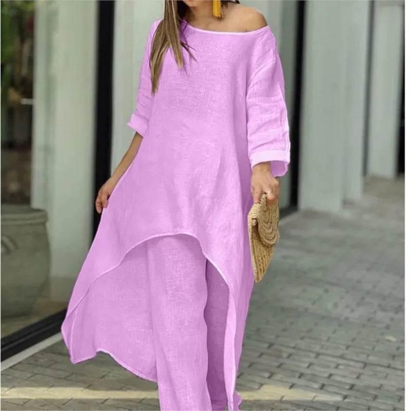 Women's Cotton Linen Long Pants Sets Fashion Solid Casual Irregular Tops Wide Leg Pant Suits Office Lady Two Piece Sets Clothes - Empire P.E