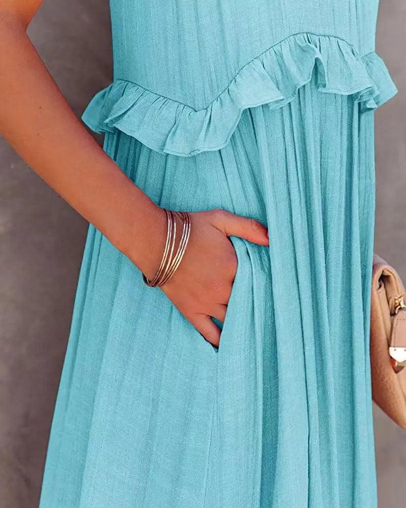 Women Casual Solid Ruffles Long Dress - Empire P.E