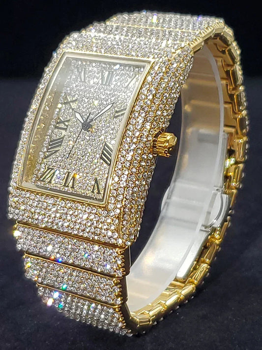 Gold Men's Watches Rectangle Dial Luxury Diamond - Empire P.E