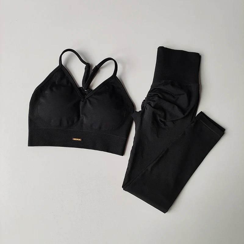 Seamless Hip Lifting Fitness Set Women's V-neck Bra Leggings Yoga Set Quick Drying Exercise Iron Massage High Fat Tight Pants - Empire P.E
