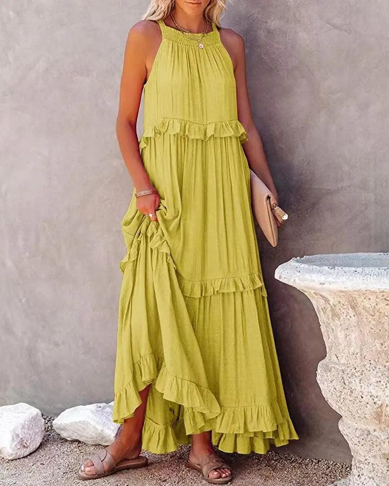 Women Casual Solid Ruffles Long Dress - Empire P.E