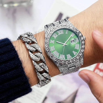 Watch Bracelet Set Hip Hop Stainless Steel Gold Color Calendar Watch for Men Iced Out Paved Rhinestones Men Watch Reloj Hombre - Empire P.E
