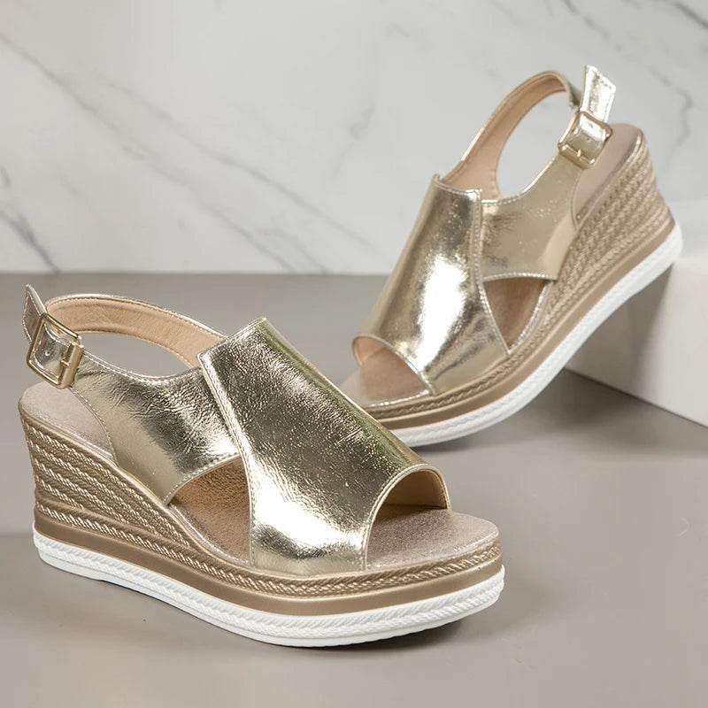2024 Summer Peep Toe Platform Sandles Woman Plus Size Thick Sole Sandalias Mujer Gold Silver PU Leather Wedge Sandals for Women - Empire P.E