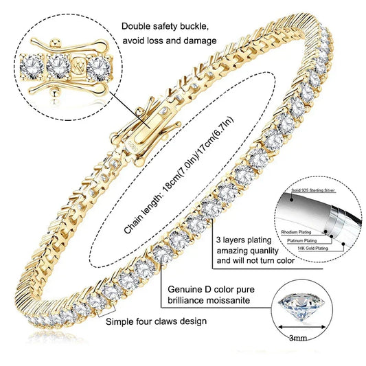 3mm/5mm Full Moissanite Tennis Bracelets Real 925 Sterling Silver - Empire P.E