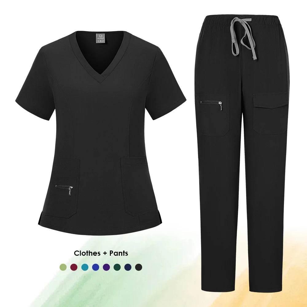 Workwear Nursing Women Scrubs Pants Elastic Wholesale Working Uniform Women Short Sleeve Neck Tops Dental Hospital Scrubs Suits - Empire P.E