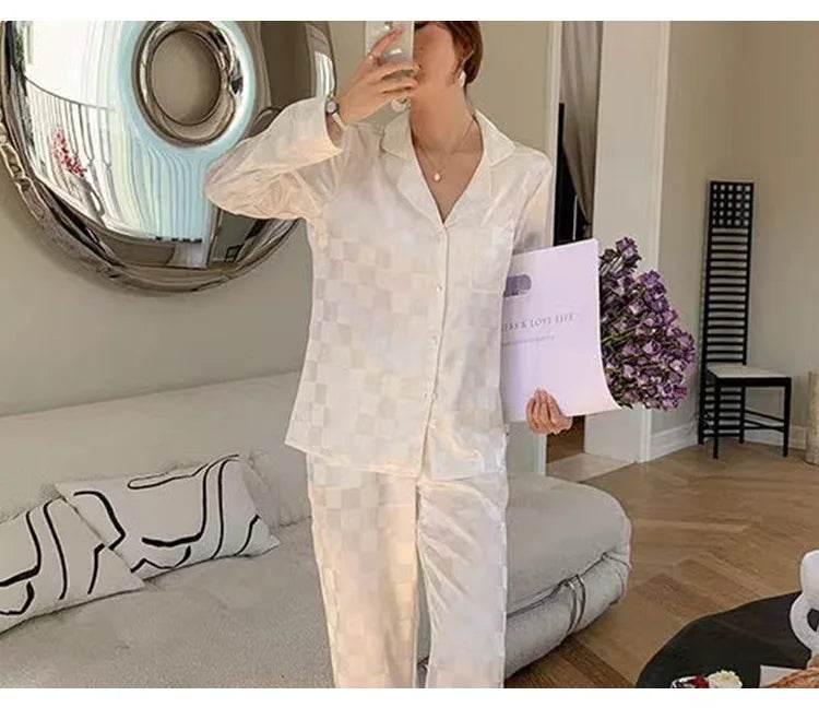 Plus Size Women Pajamas Set Long Sleeves Girl Home Wear Two-Piece Cardigan Solid Plaid Sleepwear Sexy Nightwear Autumn Winter - Empire P.E