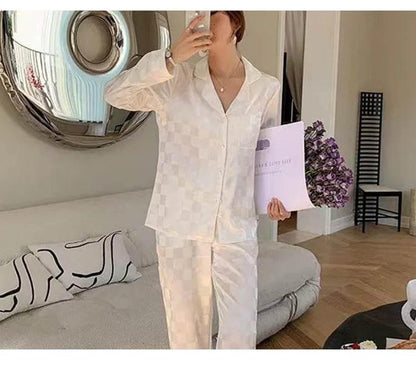 Plus Size Women Pajamas Set Long Sleeves Girl Home Wear Two-Piece Cardigan Solid Plaid Sleepwear Sexy Nightwear Autumn Winter - Empire P.E