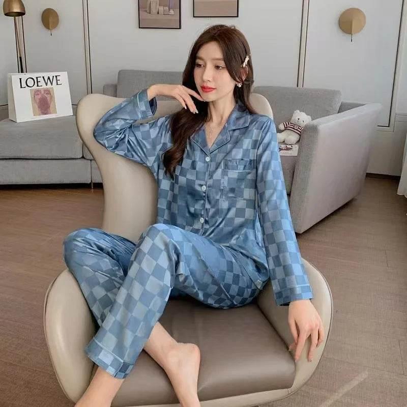 Plus Size Women Pajamas Set Long Sleeves Girl Home Wear Two-Piece Cardigan Solid Plaid Sleepwear Sexy Nightwear Autumn Winter - Empire P.E
