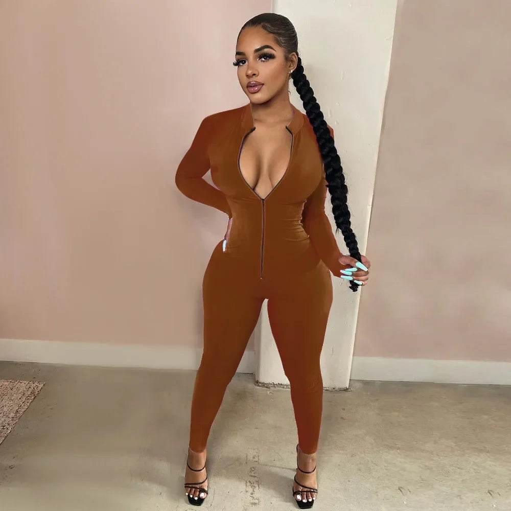 Sexy Solid Color Long Sleeve Deep V Bodycon Rompers Womens Jumpsuit Sport Suit Fashion Zip Up Long Pants Overalls Fitness Set - Empire P.E