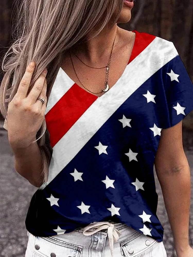 American Flag 3d Print T-shirt Women Fashion V-Neck T-shirts Short Sleeve Tops Tees Loose Casual Tees Vintage Camisetas USA Flag - Empire P.E