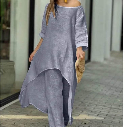 Women's Cotton Linen Long Pants Sets Fashion Solid Casual Irregular Tops Wide Leg Pant Suits Office Lady Two Piece Sets Clothes - Empire P.E