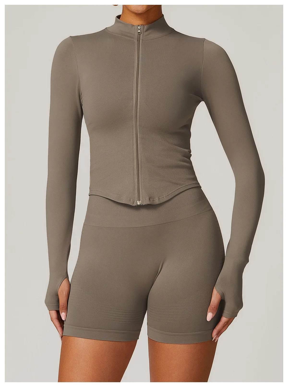 Women Seamless Zipper Jacket Yoga Long Sleeved Gym Top Ribbed Yoga Stand Collar Jacket Running Workout Sport Coat Women's Shirts - Empire P.E
