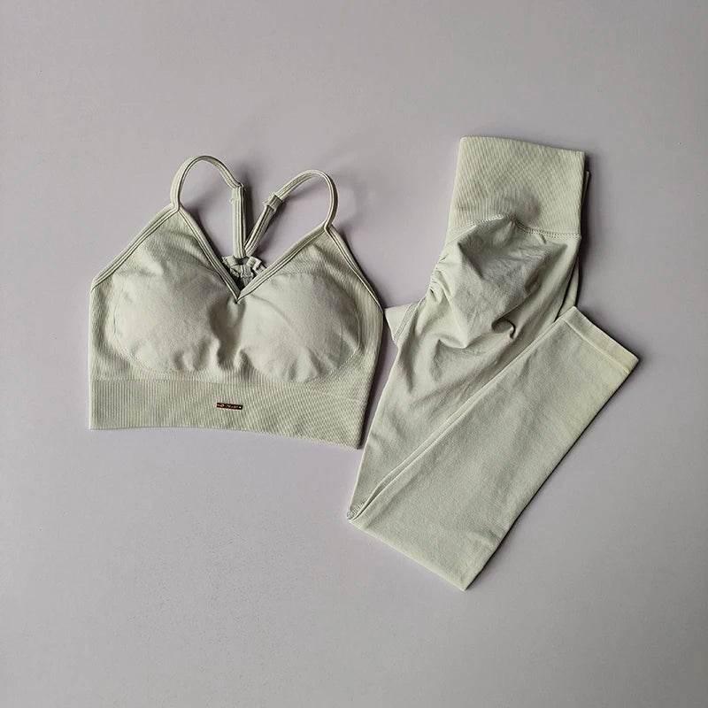 Seamless Hip Lifting Fitness Set Women's V-neck Bra Leggings Yoga Set Quick Drying Exercise Iron Massage High Fat Tight Pants - Empire P.E