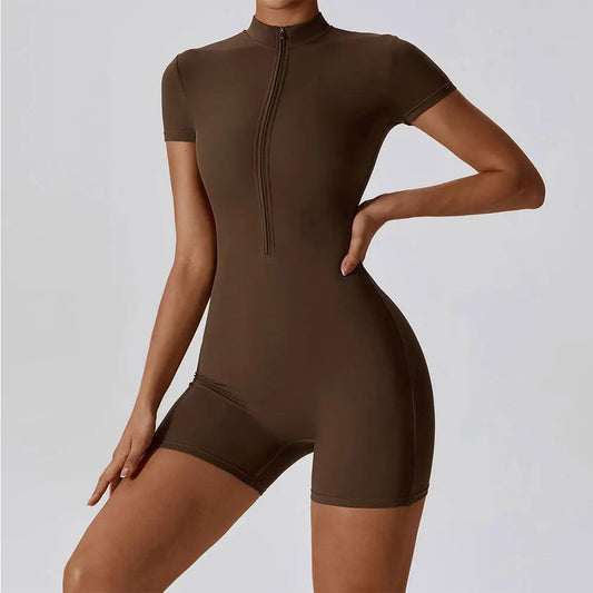 Yoga Set Women's One-Piece Suit Zipper Short Sleeve Gym Push Up Workout Clothes Fitness Short Bodysuit Sportswear Jumpsuits - Empire P.E
