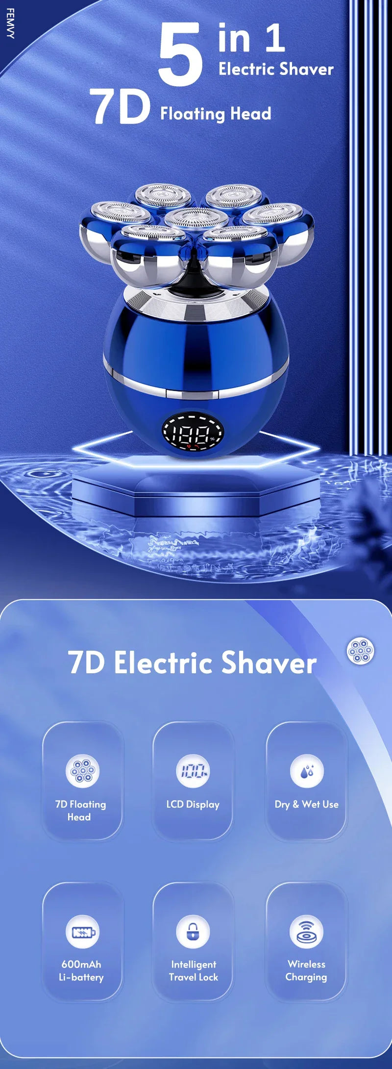 Newest 5-in-1 Electric Shaver 7D Floating Cutter Head Bald Hair Clipper Wireless Charging Men Nose Trimmer Electric Beard Razor - Empire P.E