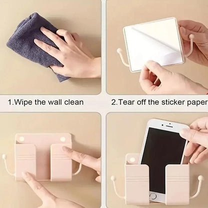 1pc Adhesive Wall Mount Phone Holder With Hooks, Storage Box ForMobile Phone Remote Control, Storage Box For Bedroom, Kitchen,Ba - Empire P.E