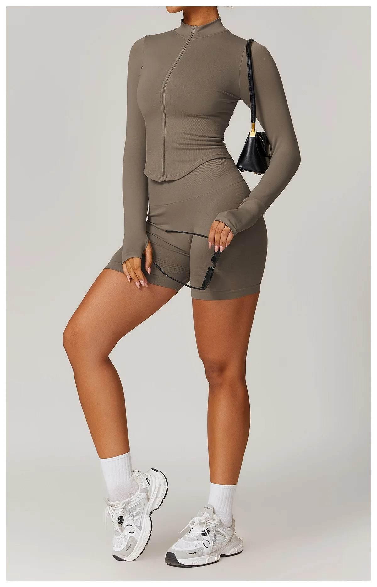 Women Seamless Zipper Jacket Yoga Long Sleeved Gym Top Ribbed Yoga Stand Collar Jacket Running Workout Sport Coat Women's Shirts - Empire P.E