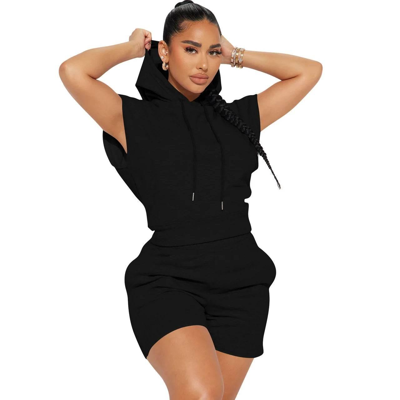 Summer 2024 Women's New Sexy Sleeveless Fashion Casual Sports Short Sleeved Hooded 3/4 Shorts Two Piece Set For Women - Empire P.E