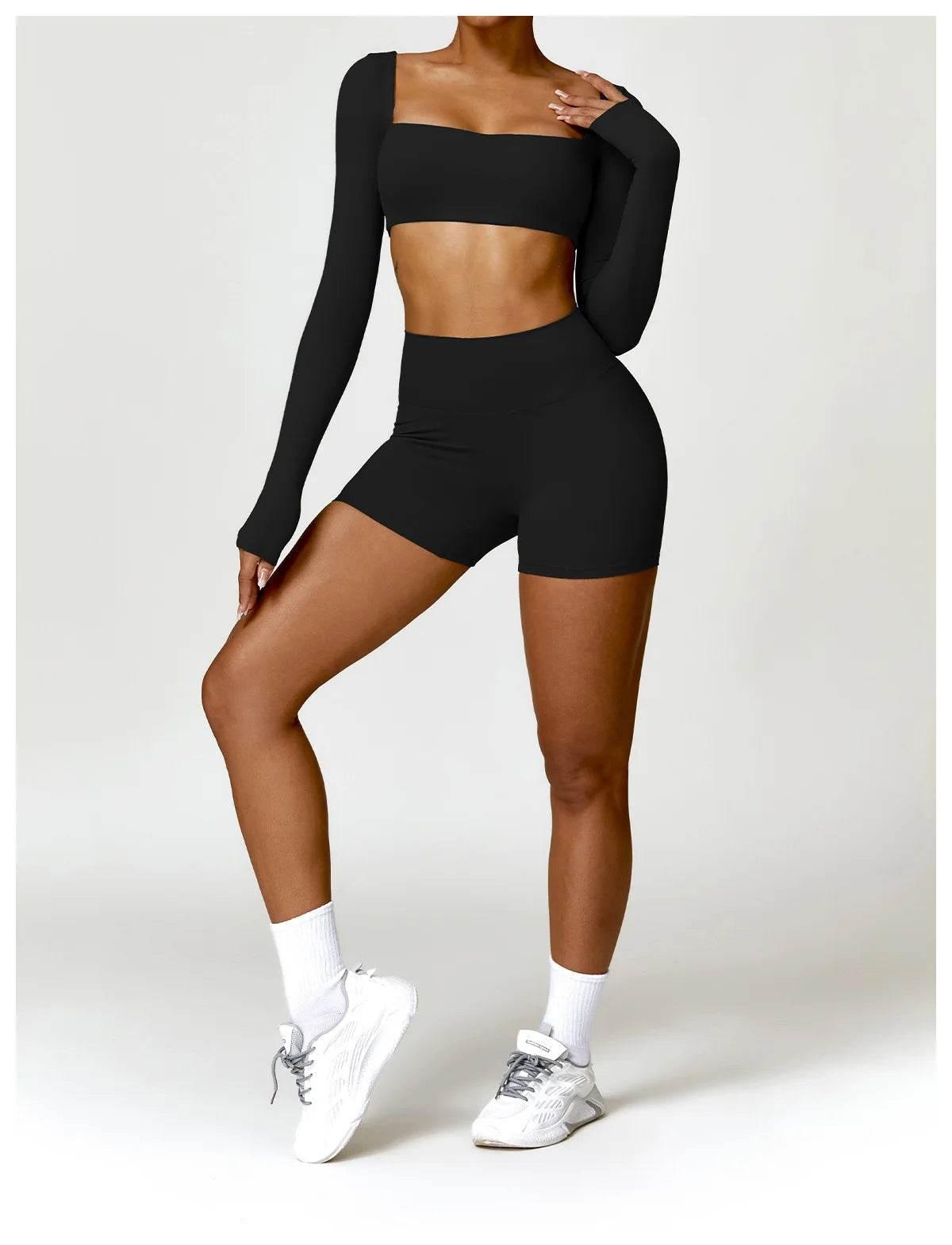 Hearuisavy 2PCS Long Sleeve Gym Set Women Yoga Clothes Quick-Drying Sportswear Running Leggings Workout Sports Crop Top Women - Empire P.E