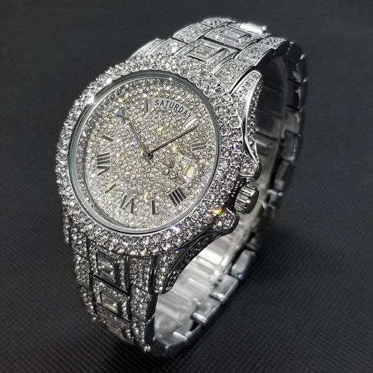 Luxury Shiny Diamond Watch For Men Hip Hop Trendy Iced Out Quartz Watches High Quality Stainless Steel Waterproof Day Date Clock - Empire P.E