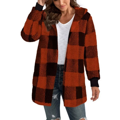 Women Autumn Winter Double Fleece Plaid Outerwear Coat