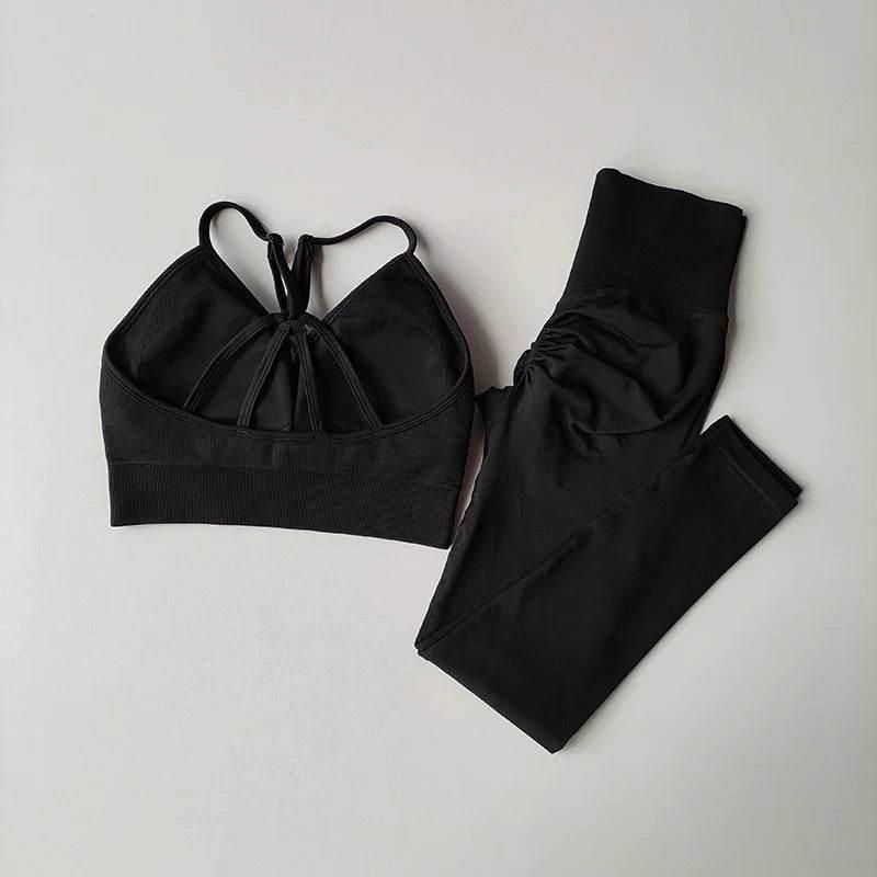 Seamless Hip Lifting Fitness Set Women's V-neck Bra Leggings Yoga Set Quick Drying Exercise Iron Massage High Fat Tight Pants - Empire P.E