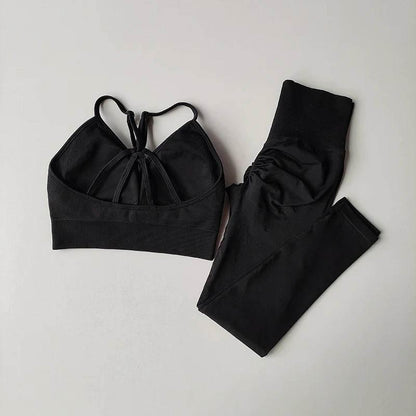 Seamless Hip Lifting Fitness Set Women's V-neck Bra Leggings Yoga Set Quick Drying Exercise Iron Massage High Fat Tight Pants - Empire P.E