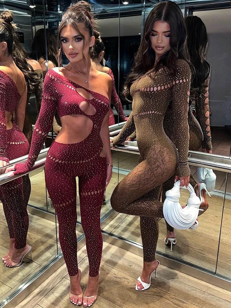 Sibybo Sexy Single Rotator Cuff Hollow Out High Elastic Jumpsuit Luminous Rhinestones Solid Color Trousers Spicy Girl Streetwear - Empire P.E