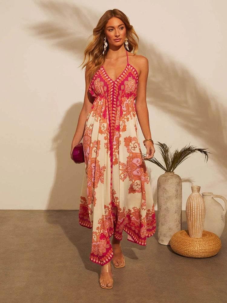 Women's Summer V-neck Halter Bohemian Floral Long Dress,Women Clothing,Red Dress,Sexy Dress Women,Sundress,Beach Dresses - Empire P.E