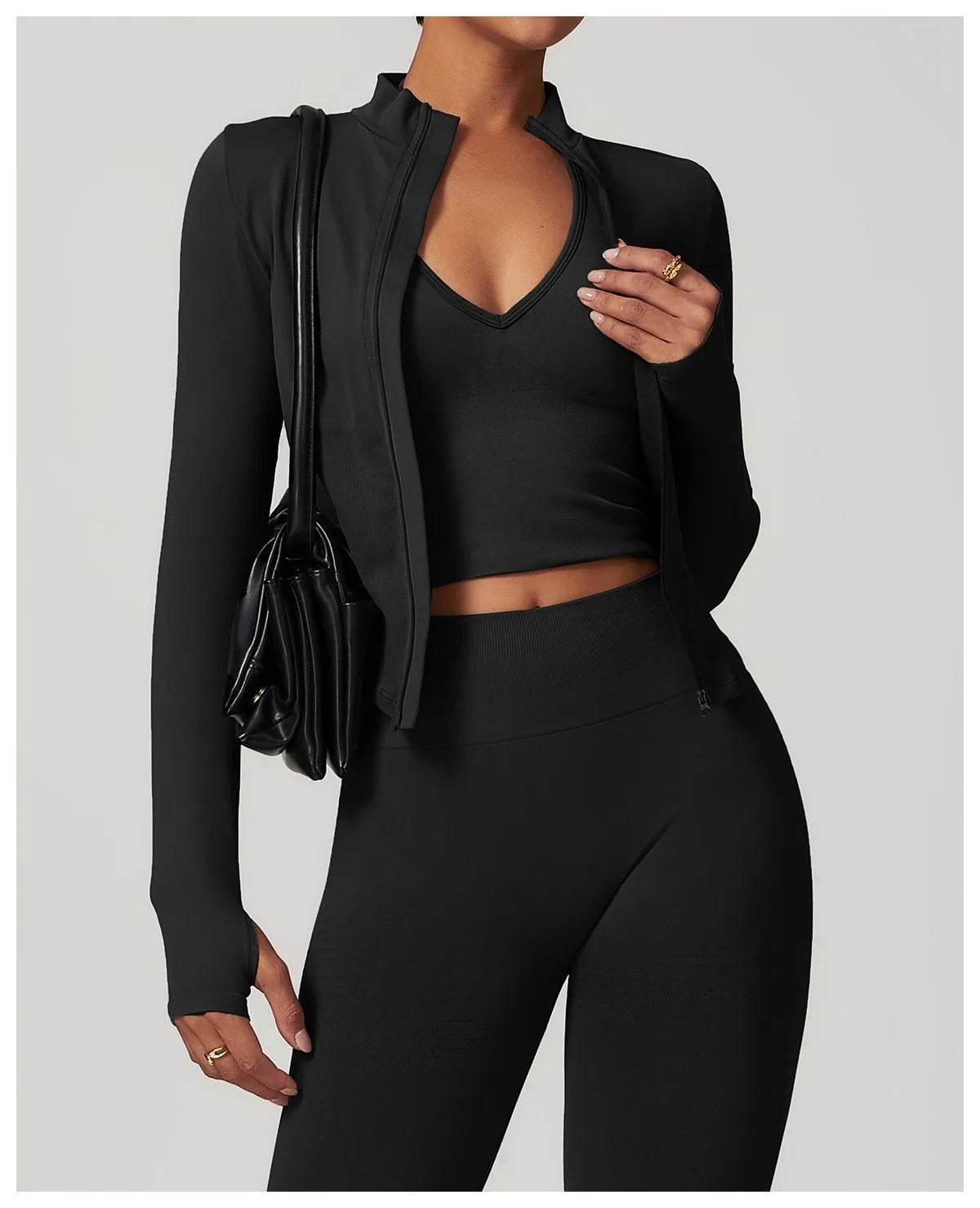 Women Seamless Zipper Jacket Yoga Long Sleeved Gym Top Ribbed Yoga Stand Collar Jacket Running Workout Sport Coat Women's Shirts - Empire P.E
