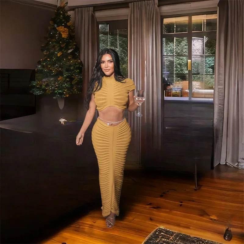 Sexy Knitted Striped 2 Piece Sets Women Outfit Y2K Clothes Birthday Sheer Crop Top and Long Skirt Set Elegant Night Club Outfits - Empire P.E