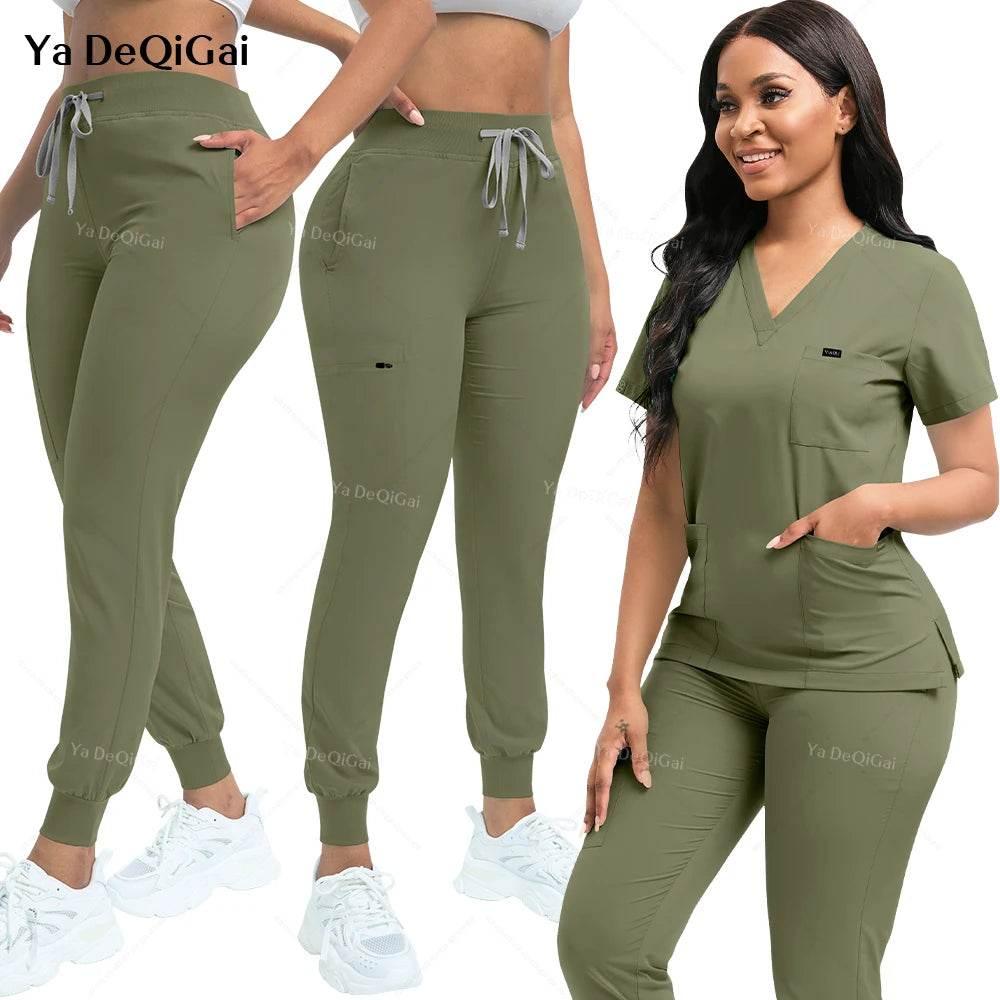 Stretch Scrubs Women Set Nursing Uniforms Clinical Scrubs Set Nurse Doctor Dustproof Workwear Medical Scrubs Top+ Jogger Pants - Empire P.E
