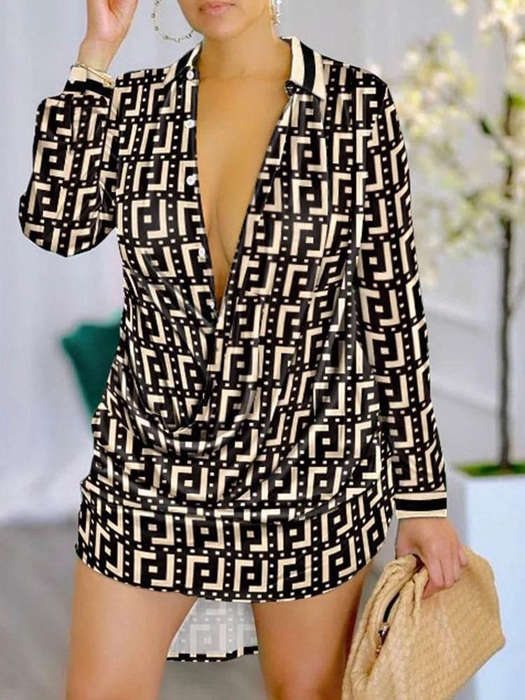 Print Long Sleeve Shirt Dress - Empire P.E