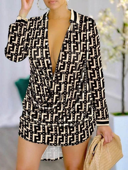 Print Long Sleeve Shirt Dress - Empire P.E
