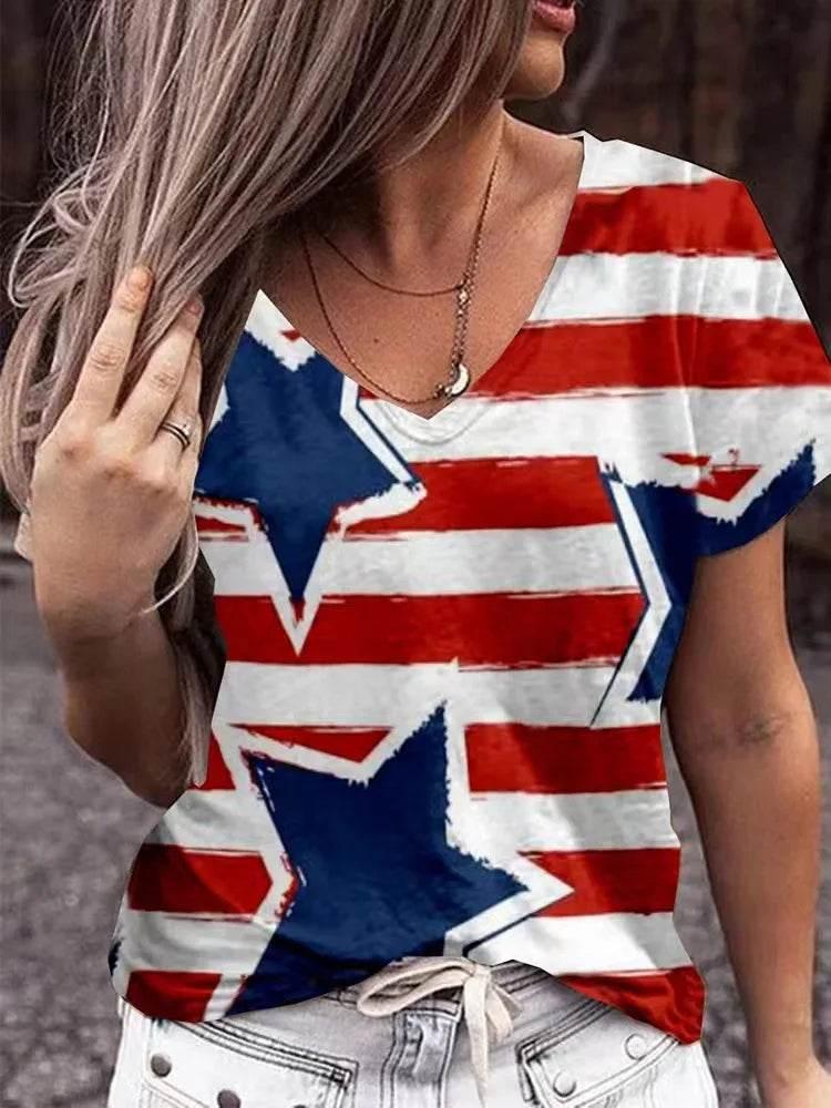 Fashion Women's T Shirt USA Flag Print Harajuku T-shirt Summer 2023 Top Kawaii Tees V Neck Pluse Size American Lady Y2k Clothing - Empire P.E