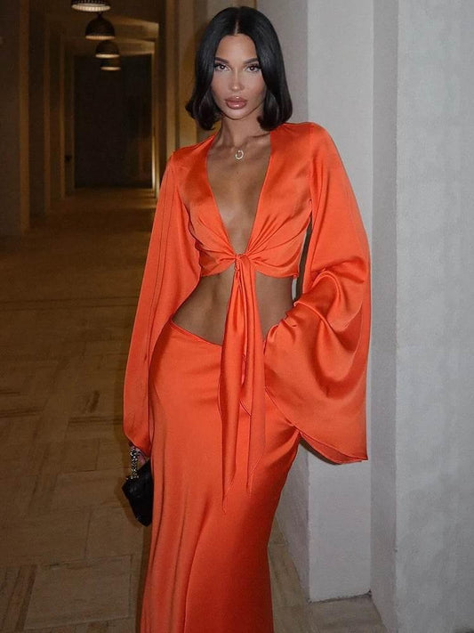Huhugirl Sets Women Fashion Sexy Streetwear Solid Flare Sleeve Deep V-Neck Tracksuits (Tops+Long Skirts)Matching 2 Pieces Female - Empire P.E