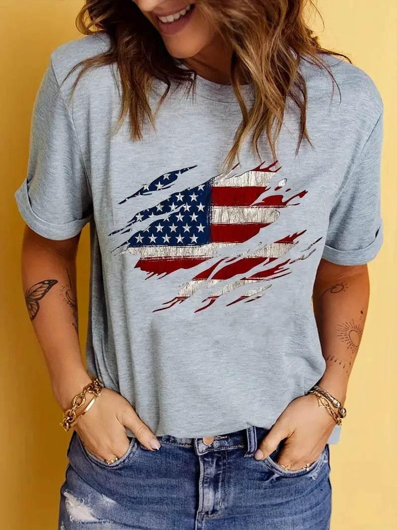 American Flag Print T-Shirt, Independence Day Short Sleeve Crew Neck Casual Top For Summer & Spring, Women's Clothing - Empire P.E