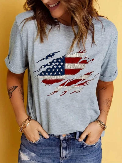 American Flag Print T-Shirt, Independence Day Short Sleeve Crew Neck Casual Top For Summer & Spring, Women's Clothing - Empire P.E