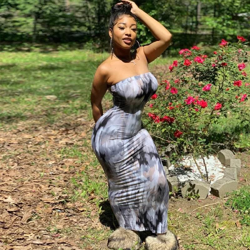 Spring And Summer Dresses For Women Chest Wrap Printed Off Shoulder Bandage Slim Sexy Long Dress 2023 New Fashion party MsChuh - Empire P.E